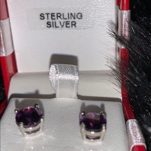 Stud princess cut earrings with purple CZ